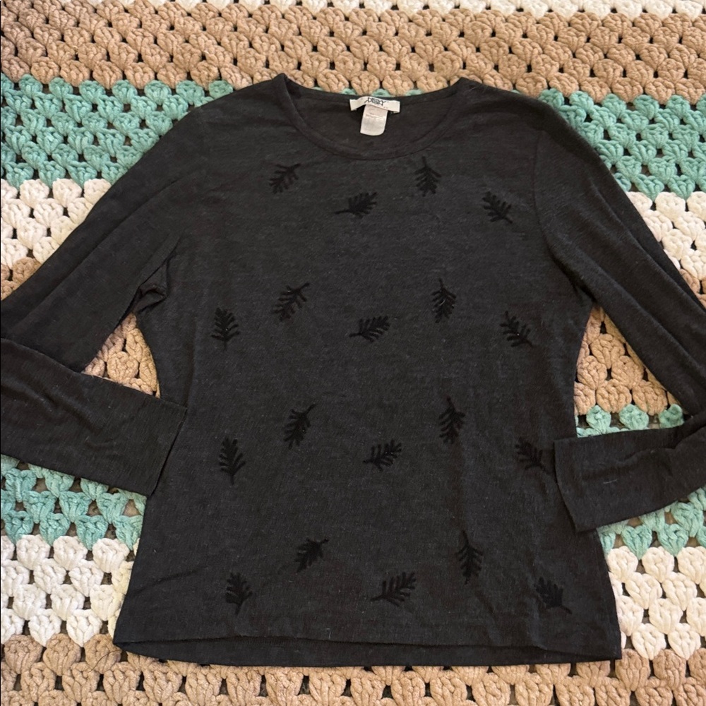 Black Gray Leaf Pattern Long Sleeve Top Shirt Womens sz 4